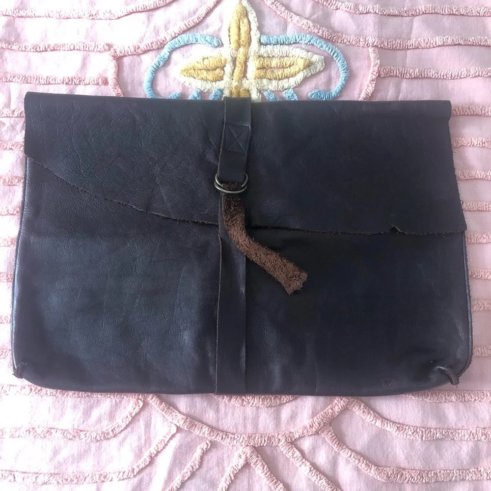 Handmade OOAK Dark Brown Leather Fold-Over Clutch Laptop bag